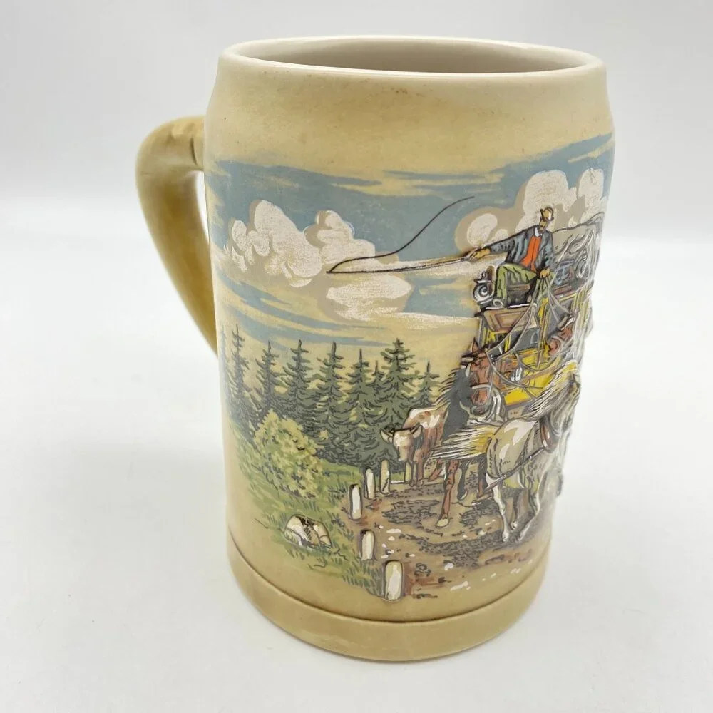 VTG German Beer stein‎ mug tankard 3D image Stage coach horses western theme